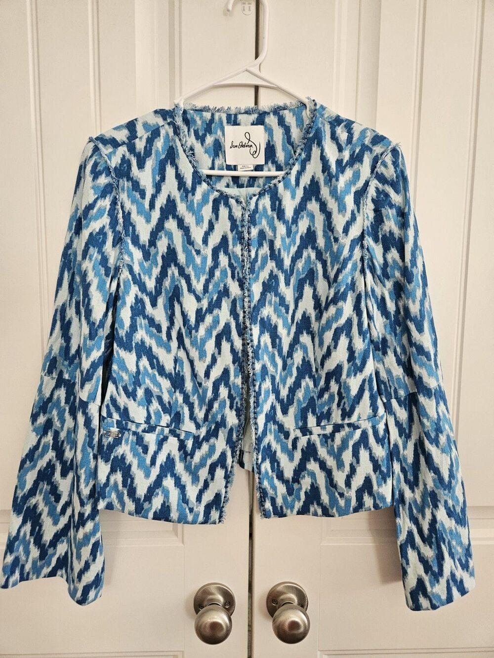 Sam Edelman Starlight Blue Ikat Chevron Blazer Sz S Linen Viscose & Cotton